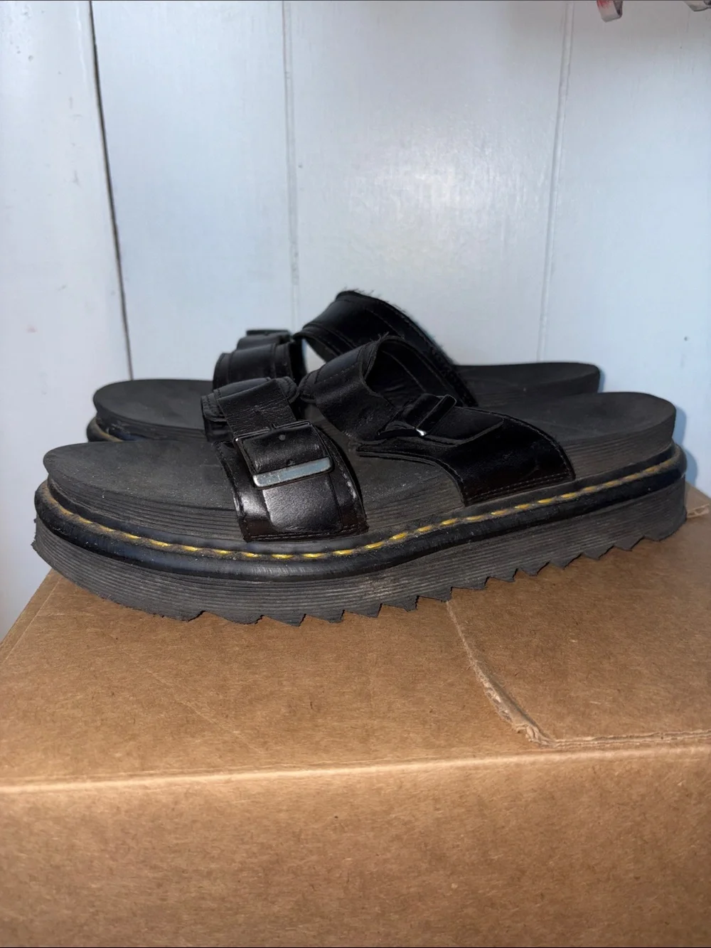Dr. Martens Black Leather Double-Buckle Slide Sandals size 11